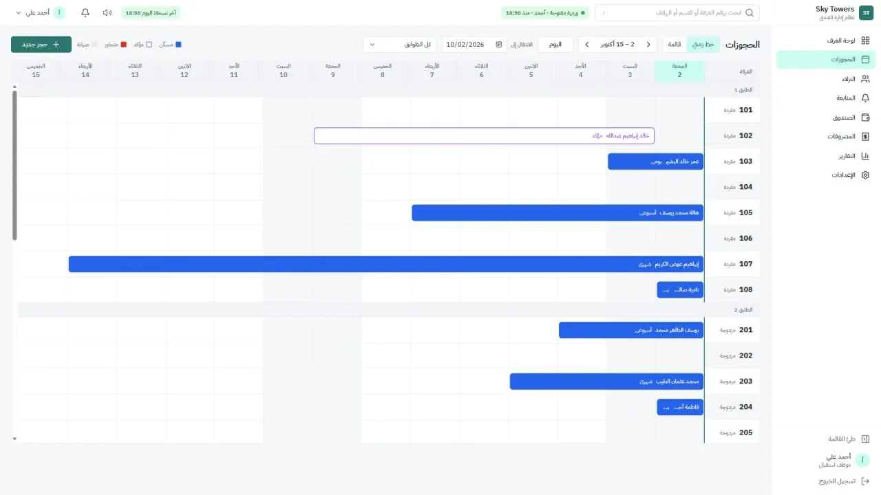 Sky Towers hotel management system: Bookings on a timeline for every room