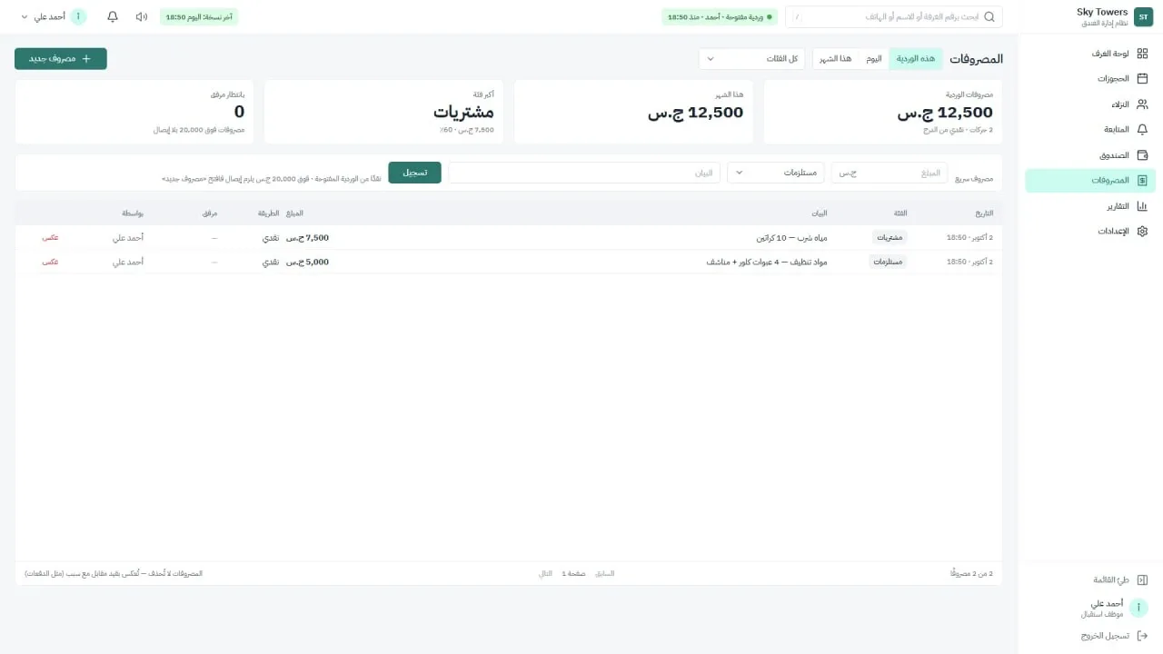 Sky Towers hotel management system: Expenses and categories
