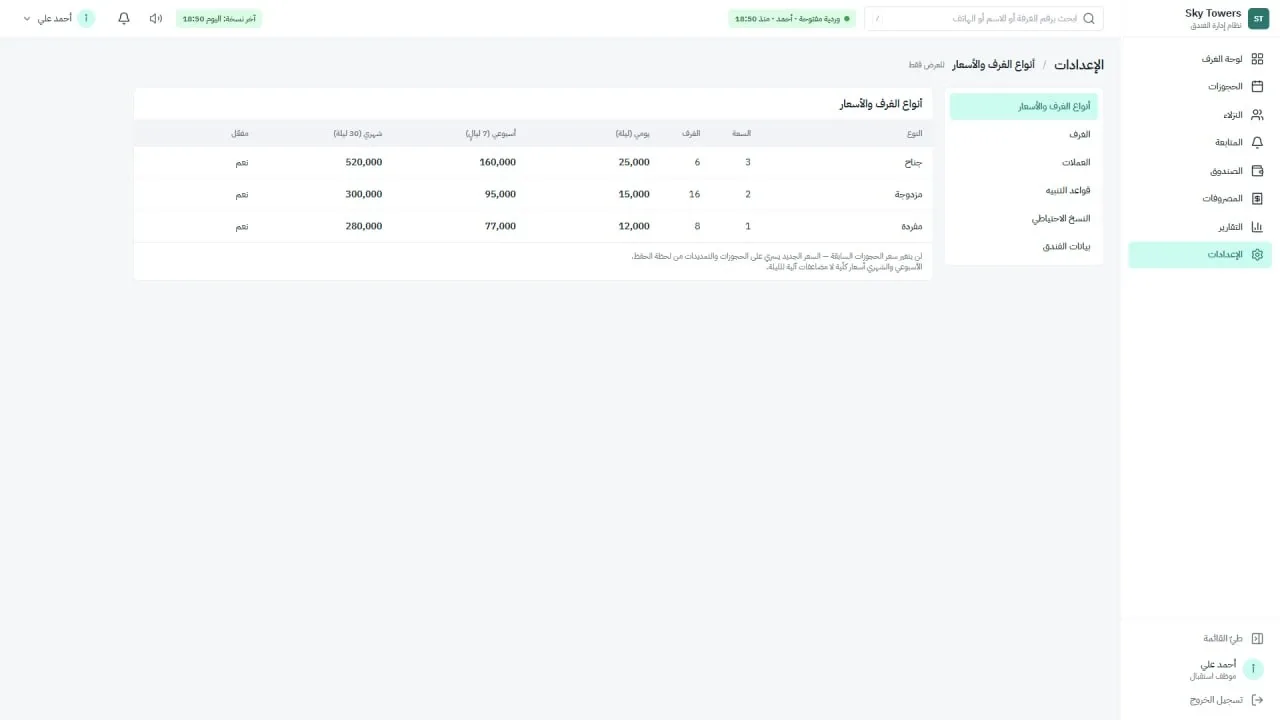 Sky Towers hotel management system: Room types with daily, weekly and monthly rates